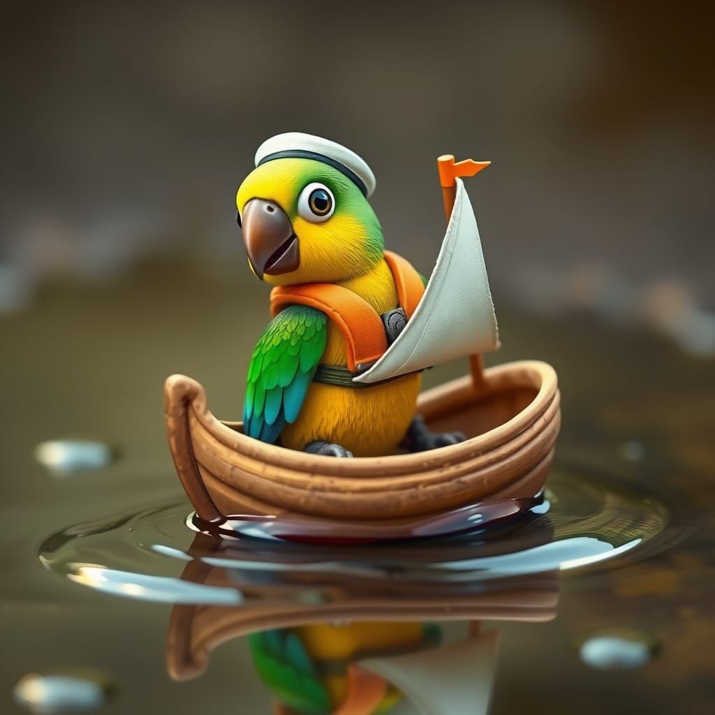 Vibrant Parrot Sails Whimsical Walnut Shell Boat in Shimmeri...