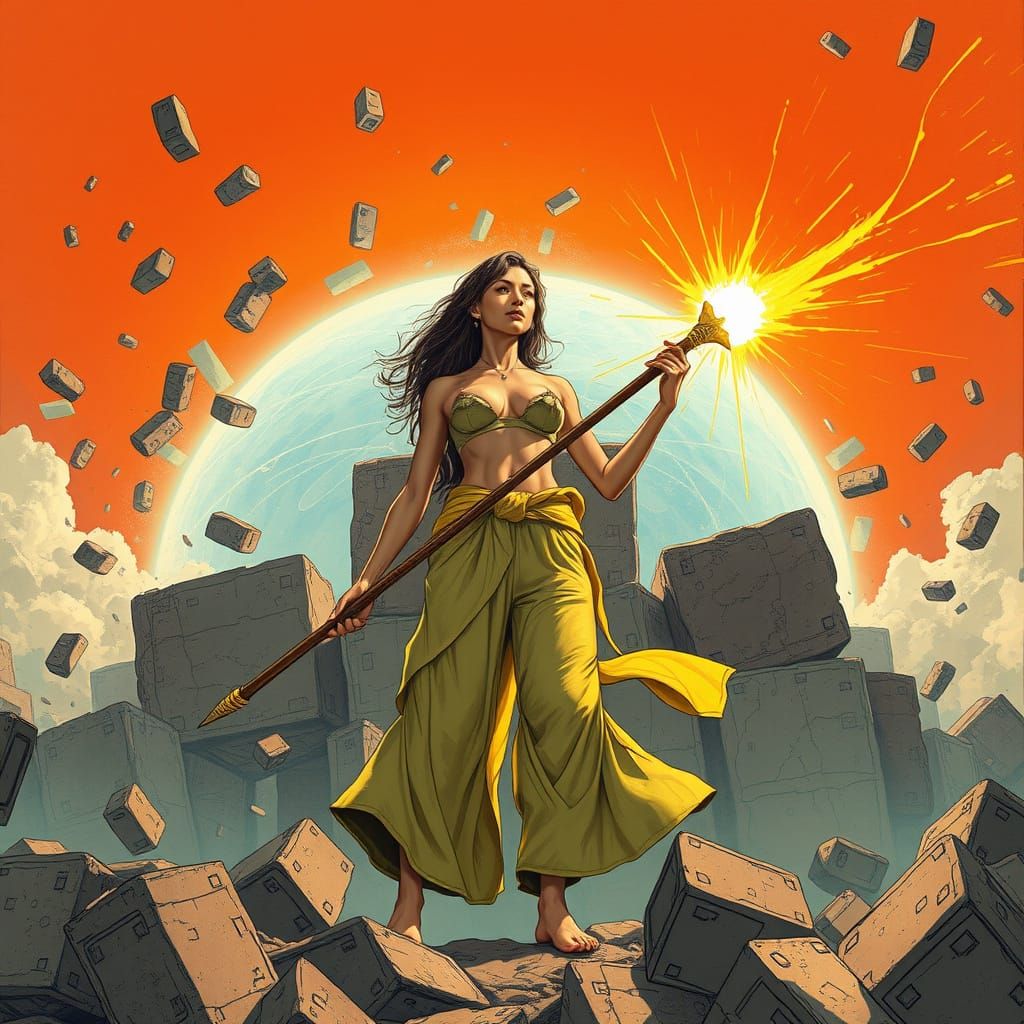Woman Summons Solar Spear Amidst Falling Blocks