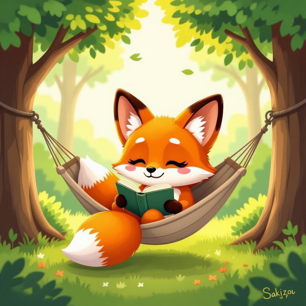 Chibi Fox Relaxing in Hammock: Cartoon Illustration