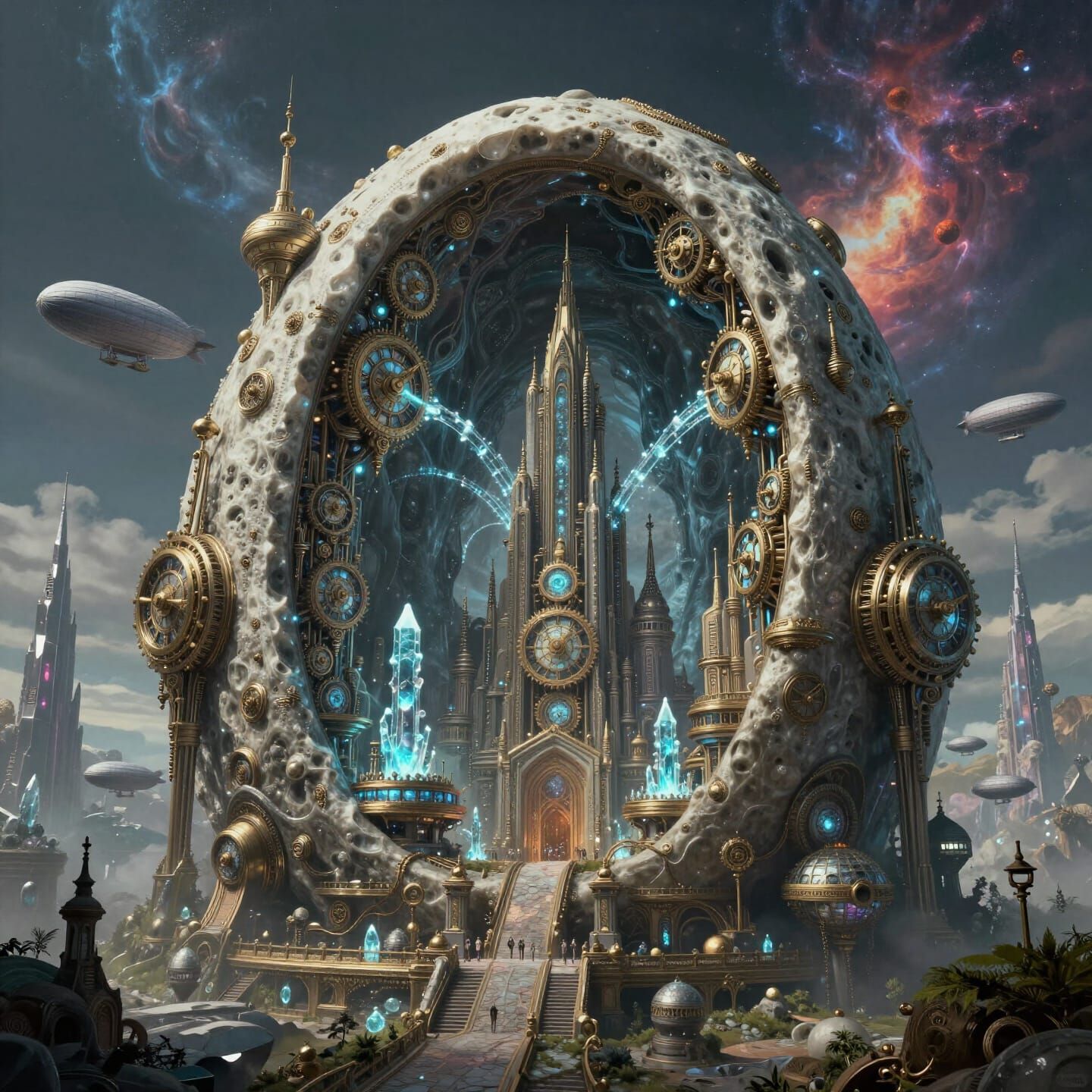 Steampunk Geode City with Clockwork and Crystal Power