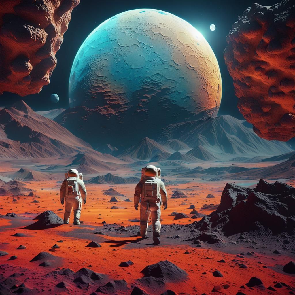 Astronauts Explore Vibrant Alien Moon Landscape