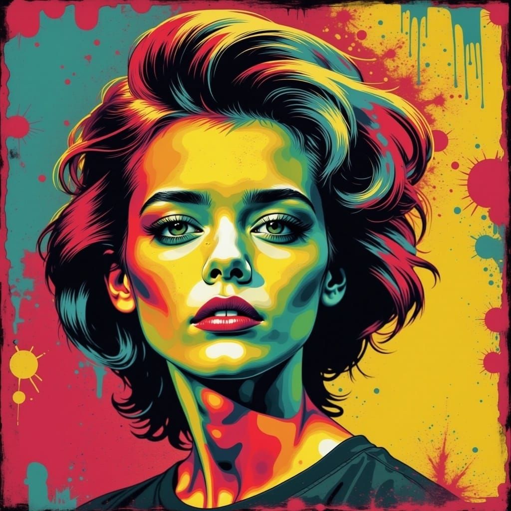 Grunge Pop Portrait in Vibrant Colors and Contrasting Grunge...