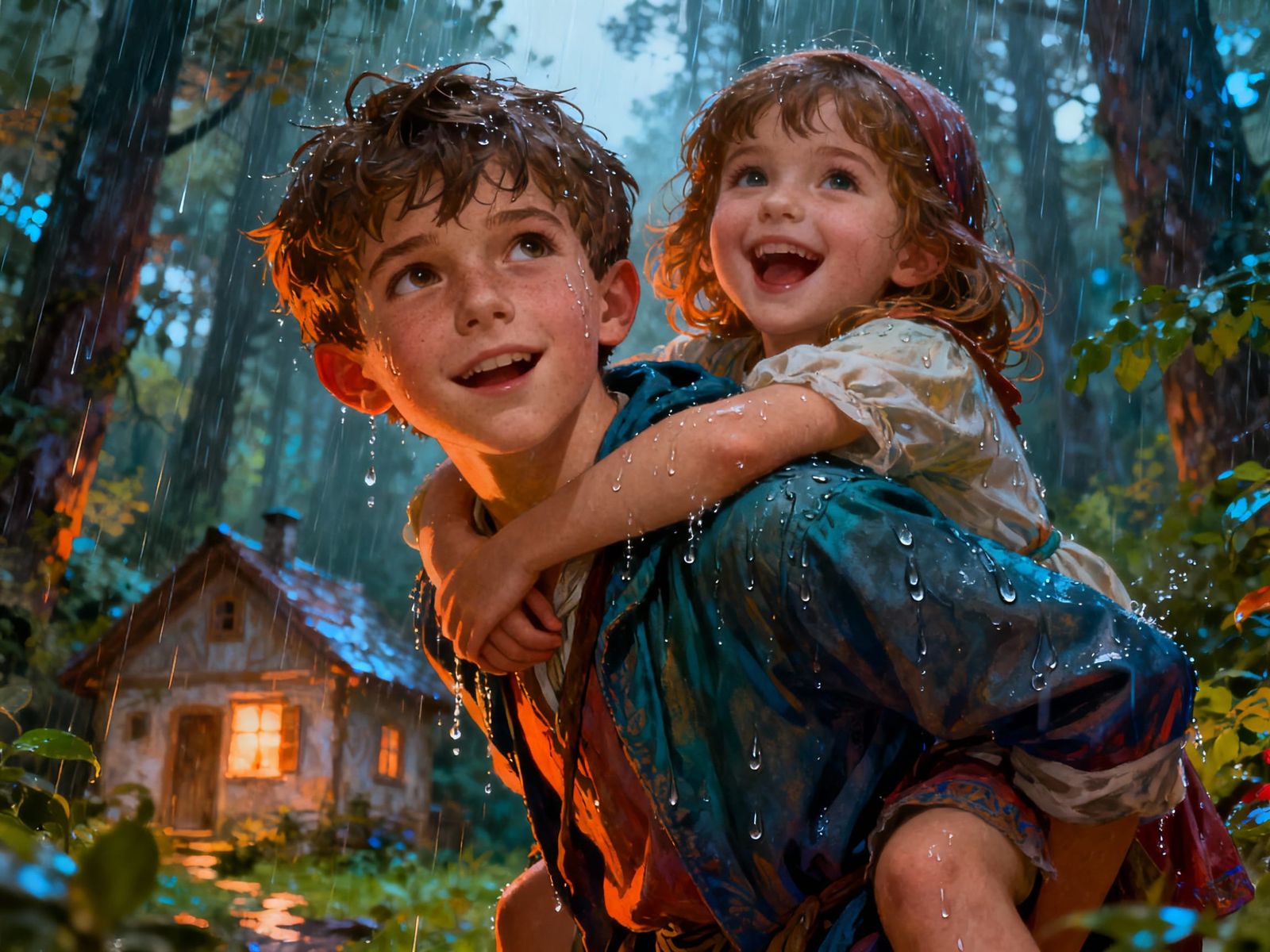 Brother and Sister Enjoying Rainy Day in Forest