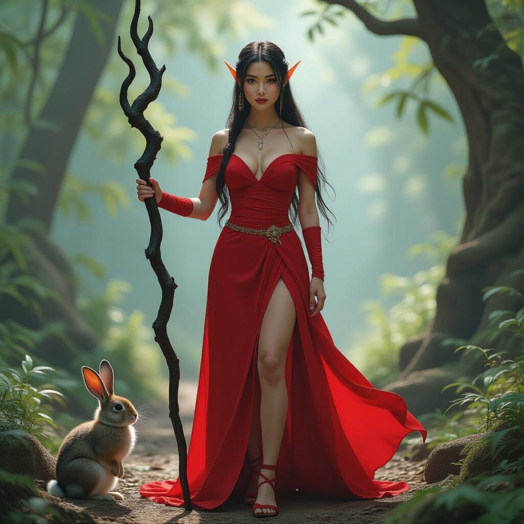 Elf Druidess in Red Dress With Rabbit Familiar