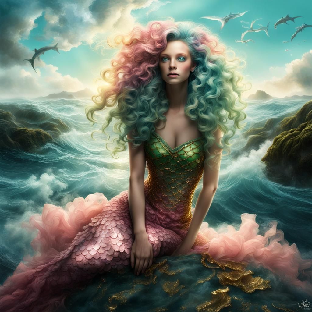 Ultra-Realistic Mermaid with Gilded Dress in Stormy Sea