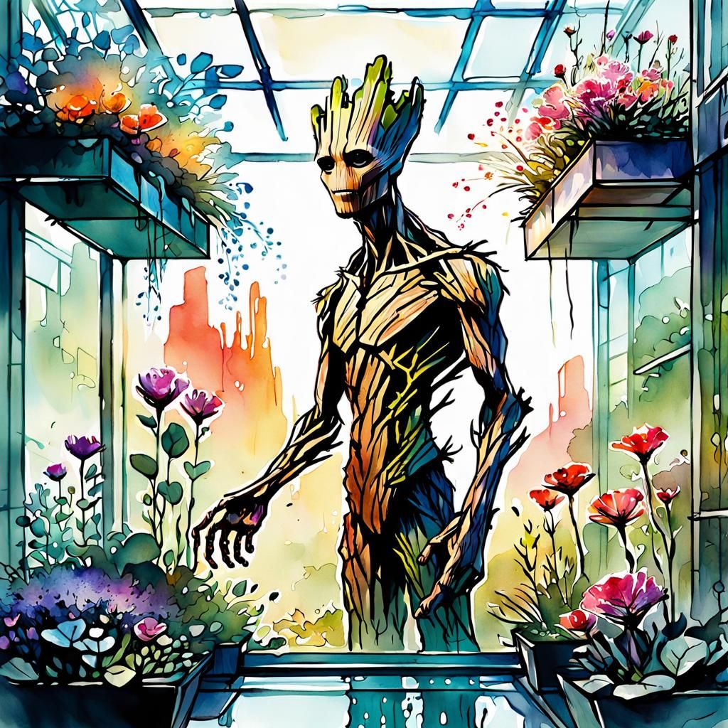 Groot's Floral Sanctuary: A Digital Watercolor Masterpiece