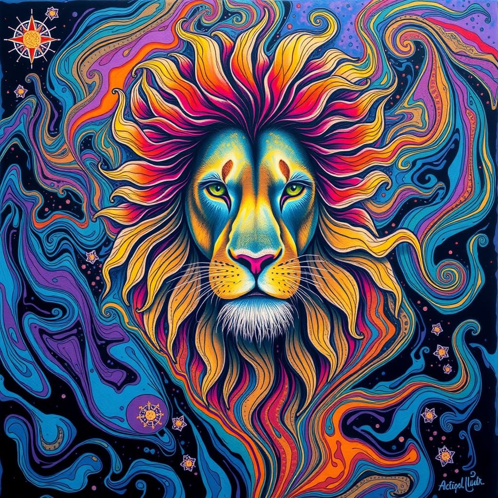 Surreal Lion in Alcohol Ink Lake