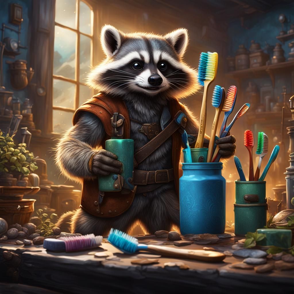 Raccoon Stealing Toothbrushes: Detailed Matte Painting