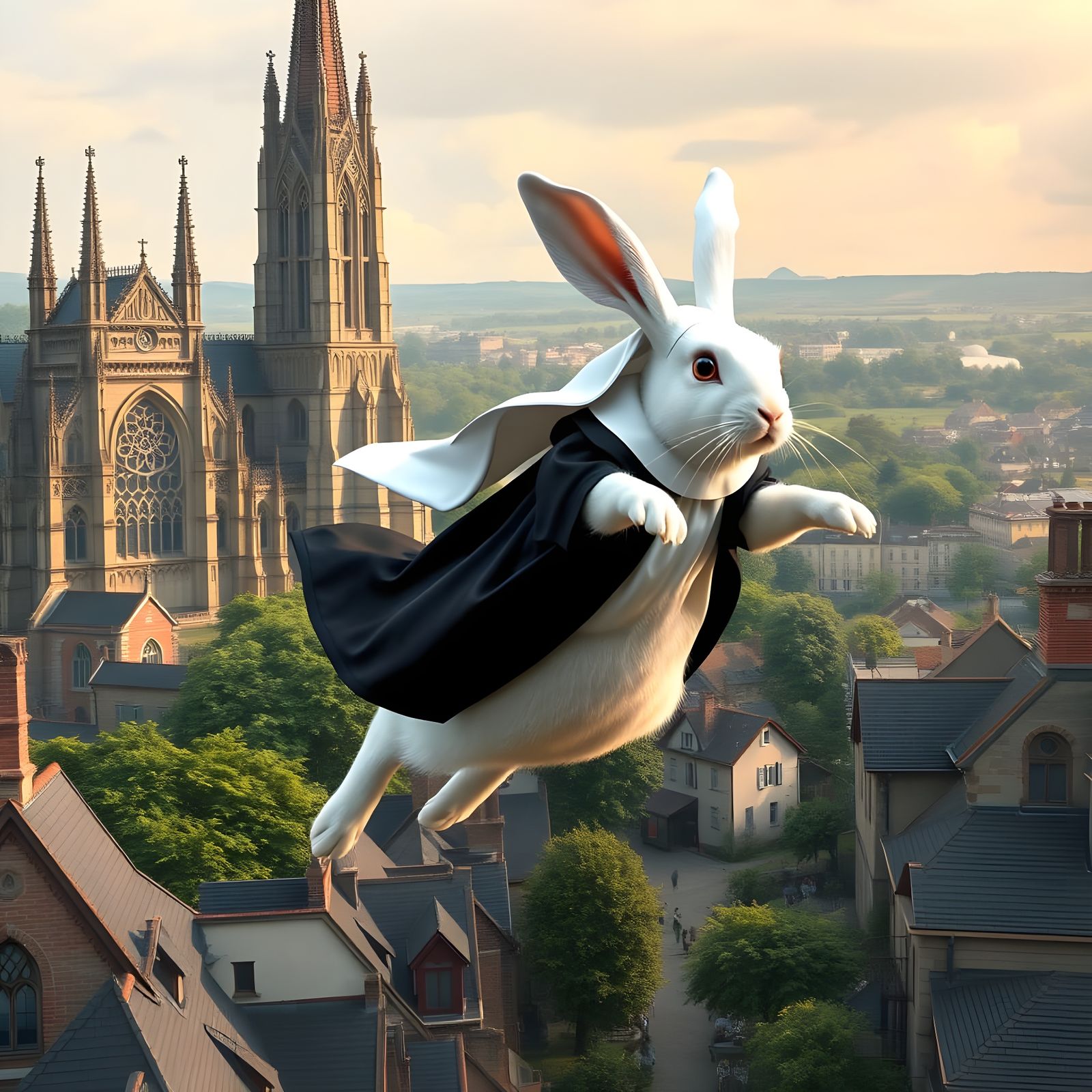 White Rabbit Nun Soars Through the Air in Front of a Cathedr...