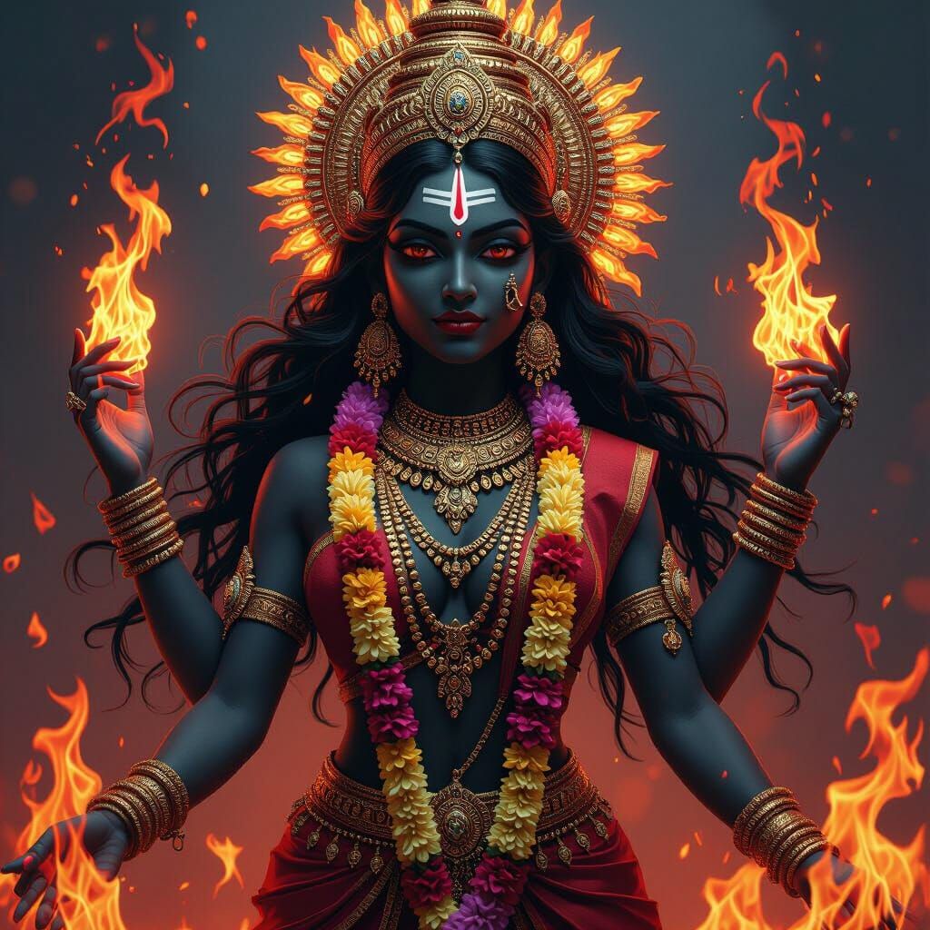 Vibrant Kali Maa Amidst Flames in Indian Patterns