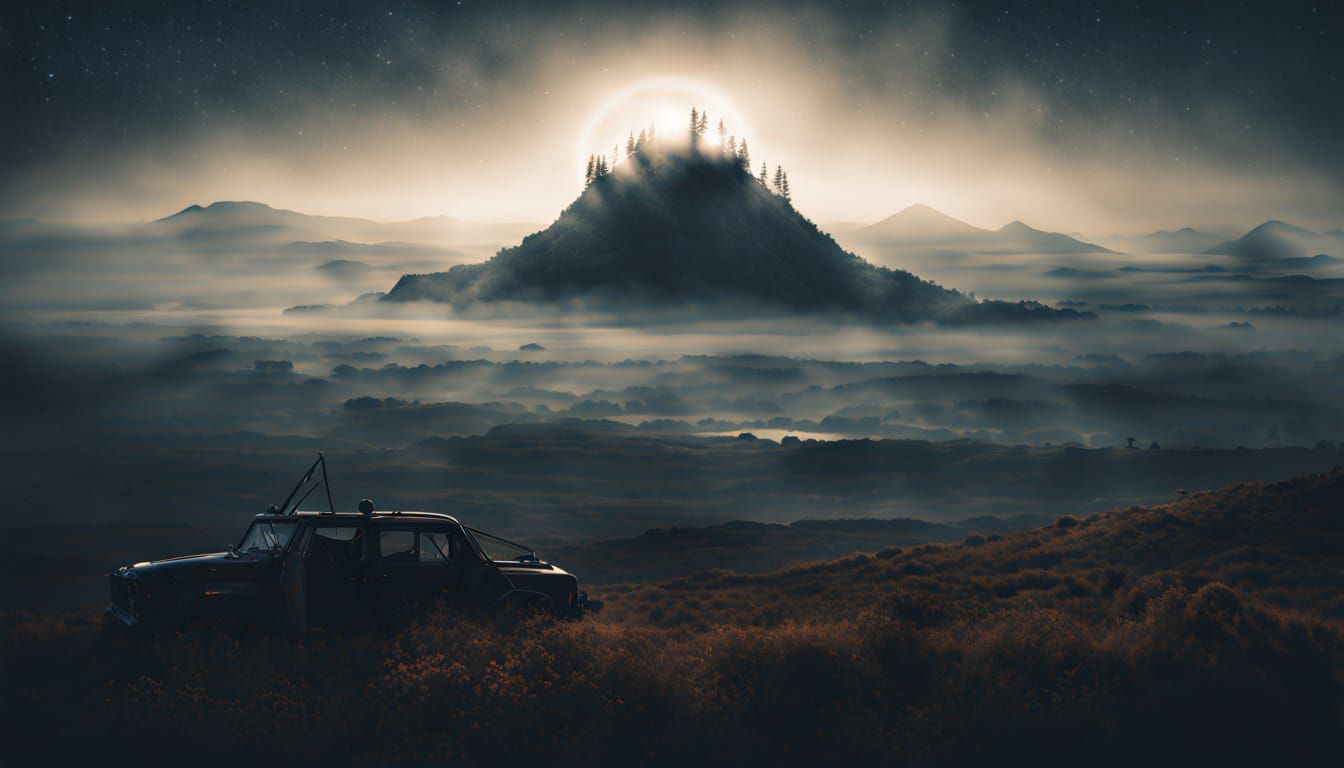 Surreal Foggy Landscape Under Starry Night Sky