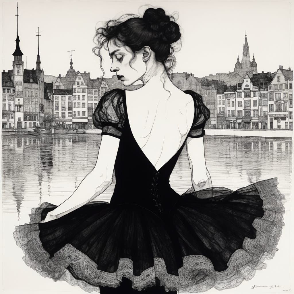 Art Nouveau Ballerina in Moonlit City Square