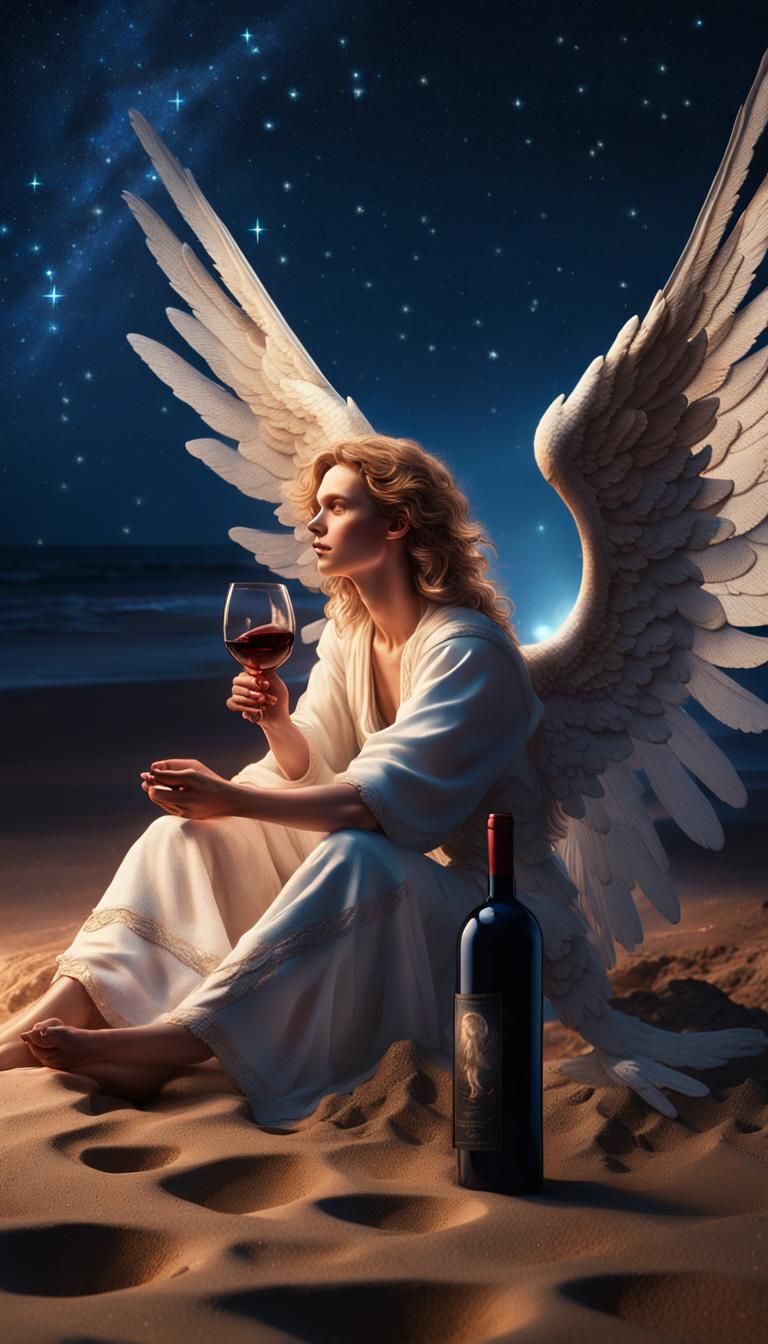 Winged Angel on Starry Beach in Baroque Style
