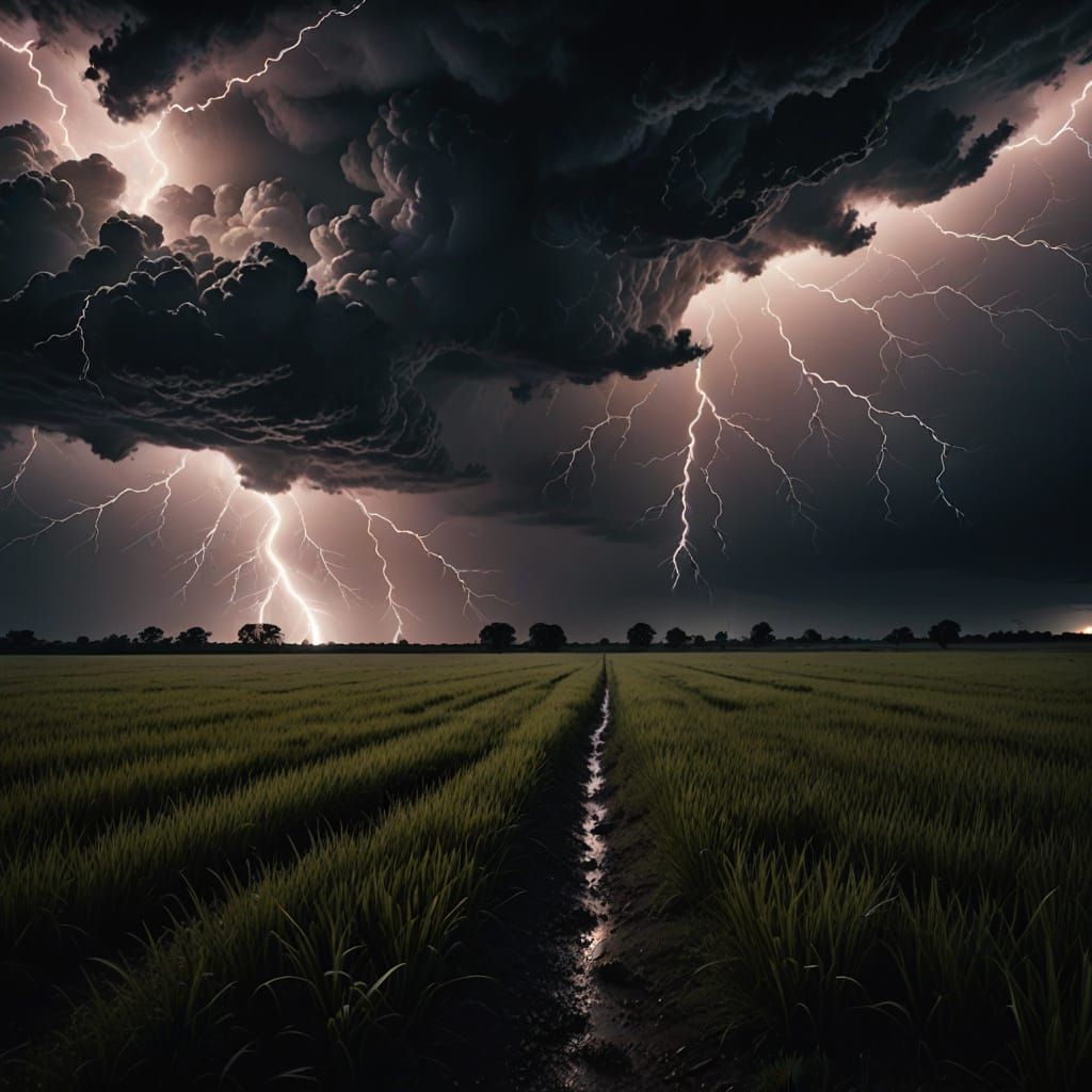 Dramatic Lightning Strike in Eerie Night Field