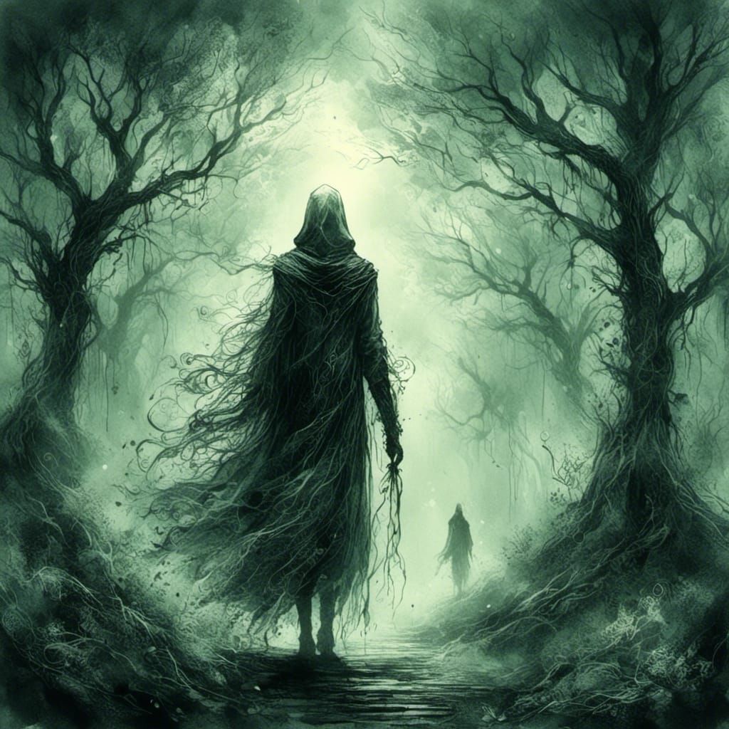Hooded Figure in Misty Forest: Dark Fantasy Illustration