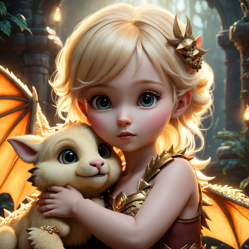 Whimsical Fantasy Illustration of Blonde Baby Dragon and Ted...