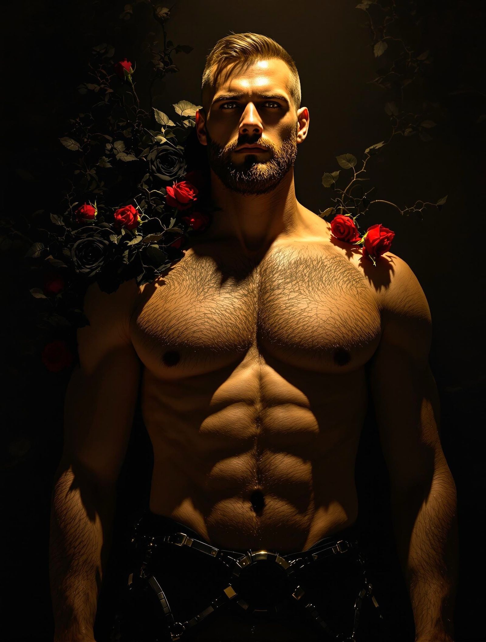 Brooding Man with Roses in Chiaroscuro Lighting