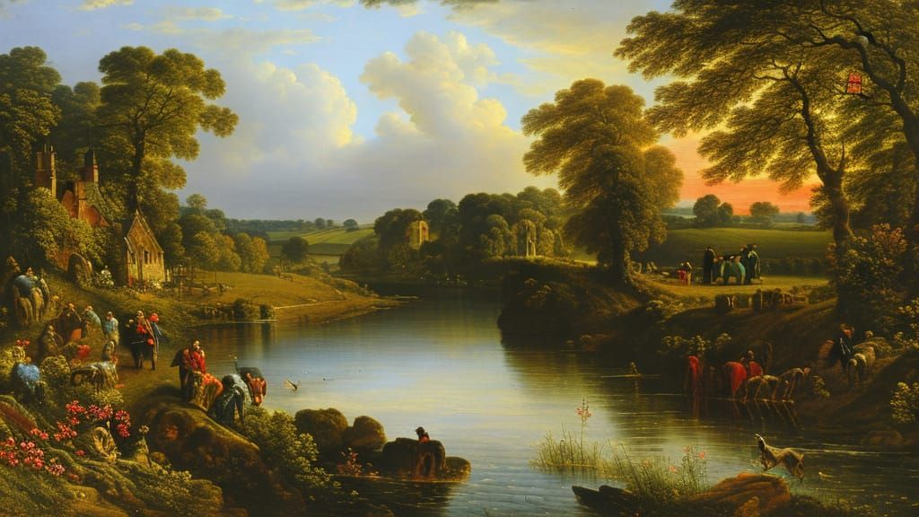 Idyllic English Landscape Painting with Sunset