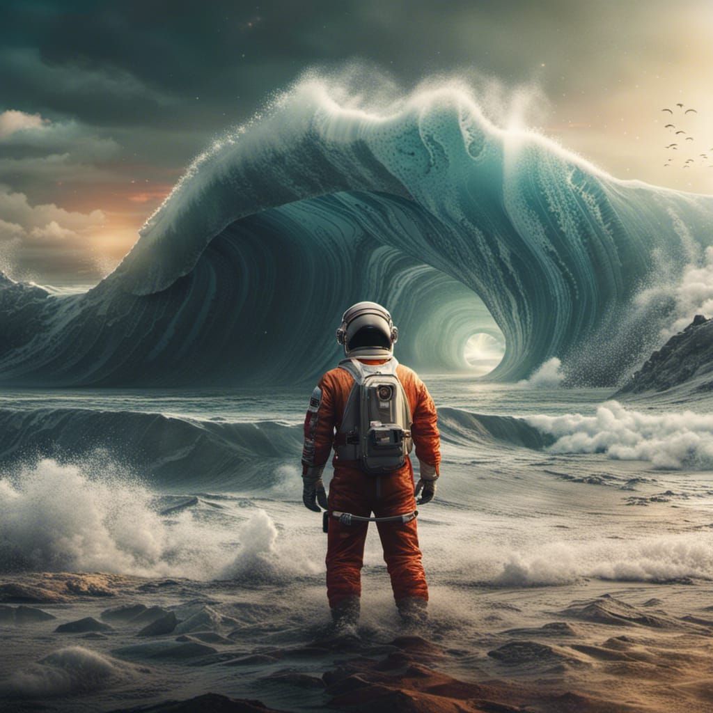 Astronaut Confronts Giant Tsunami: Detailed Matte Painting