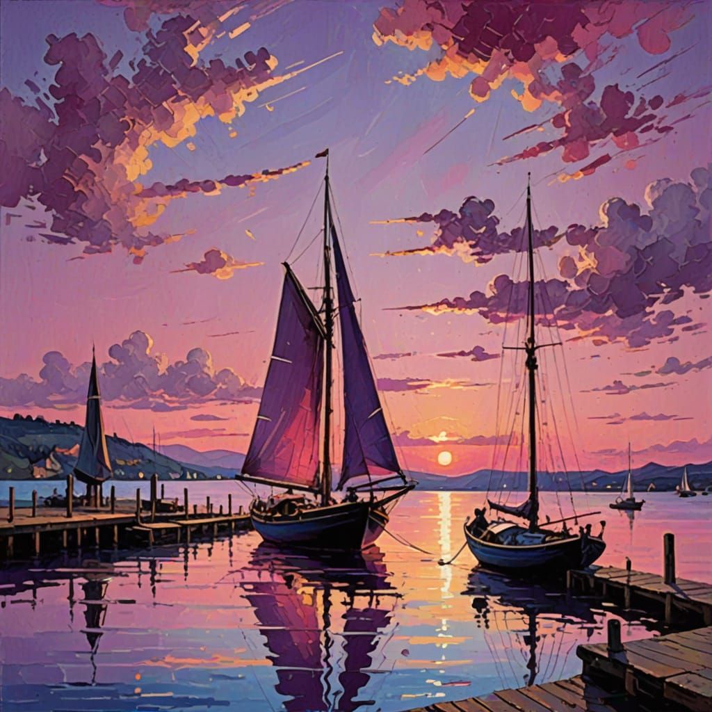 Sailboat at Sunset: Detailed Matte Impressionistic Painting