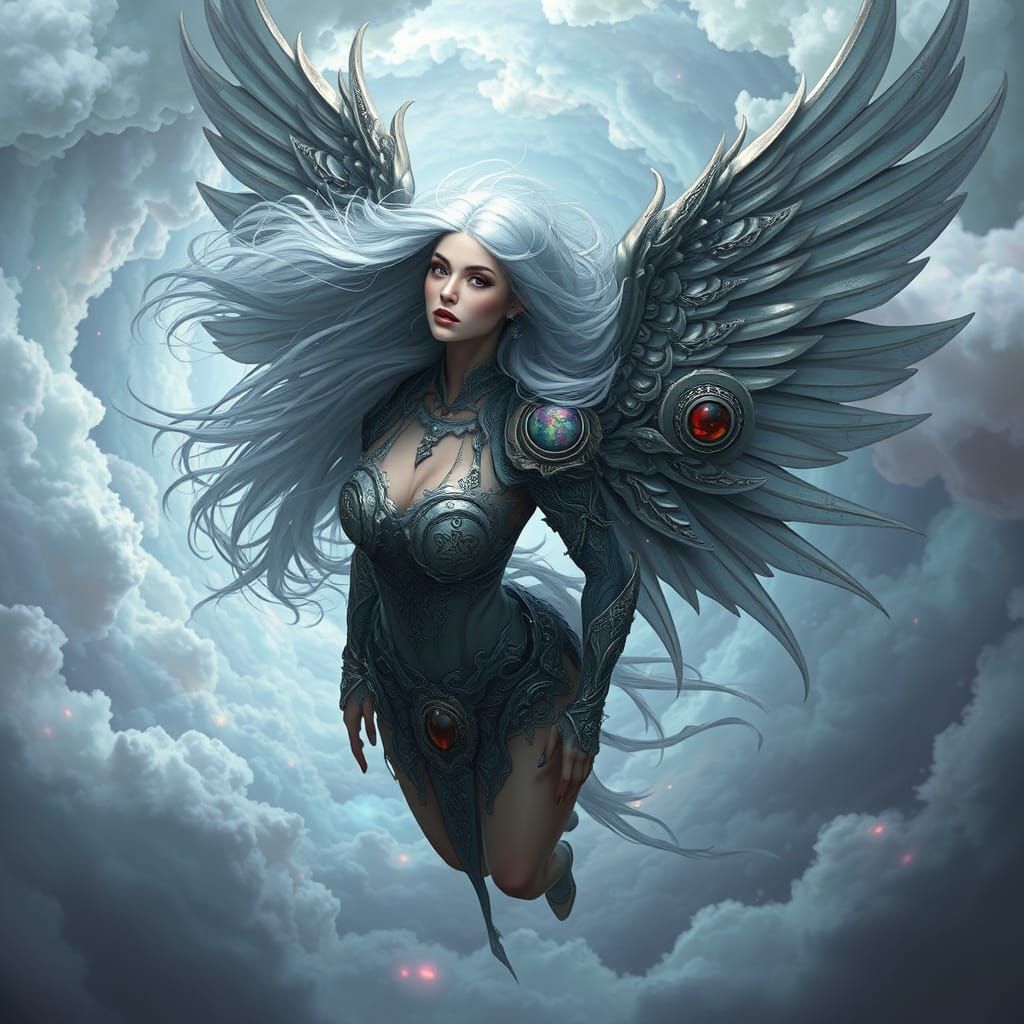 Mystical Woman Soaring with Metallic Wings