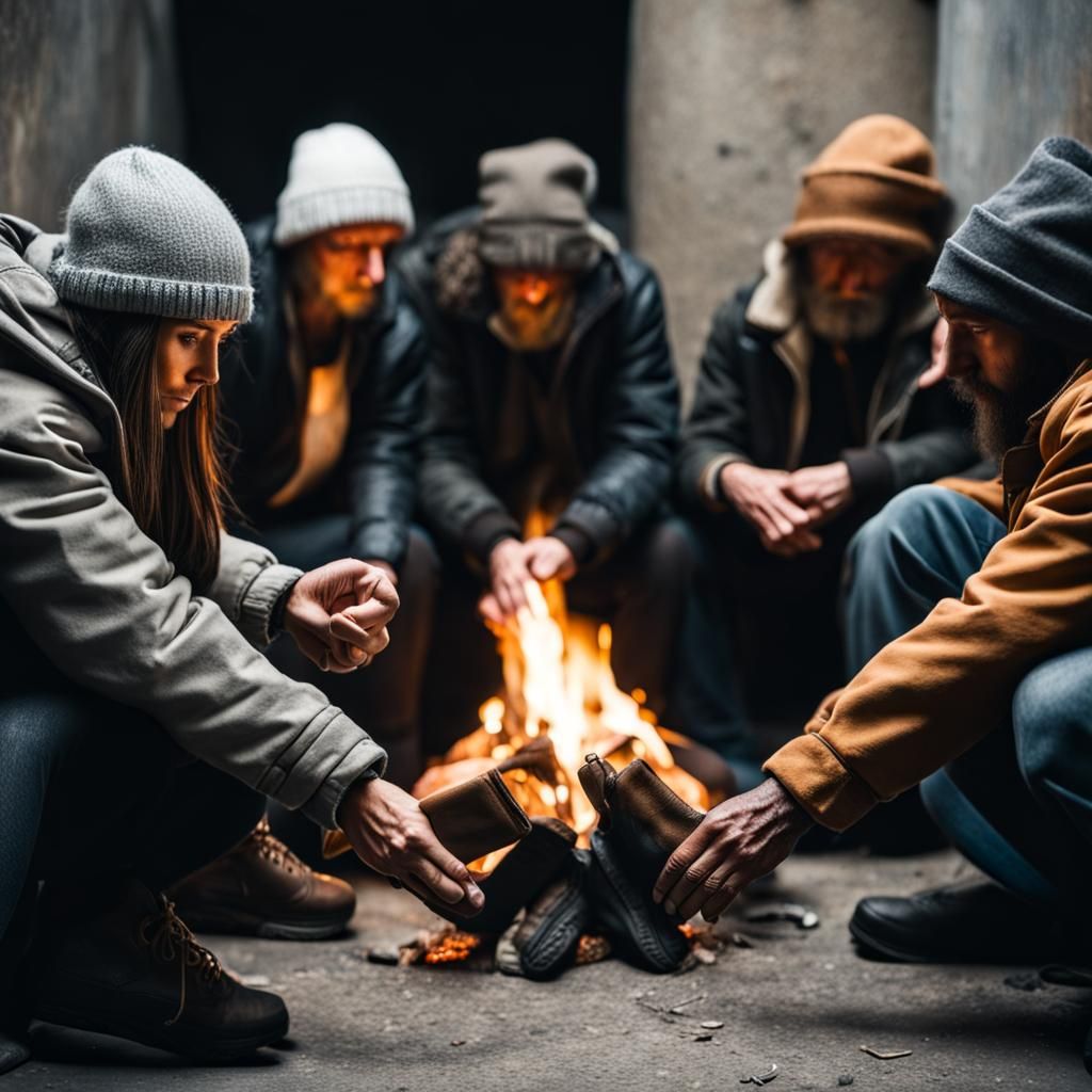 Homeless People Gathered Around Fire Underground