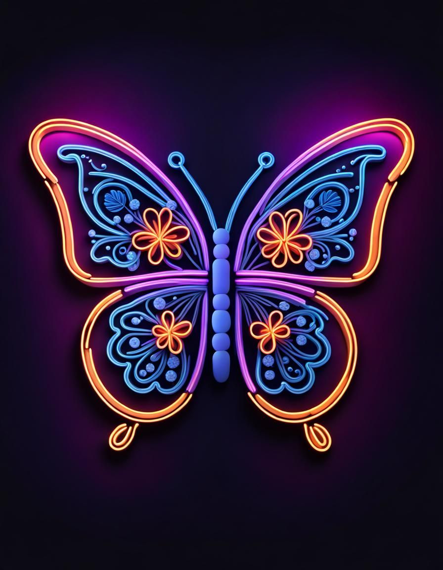 Neon Butterfly Flowers Sign with Bokeh Lighting