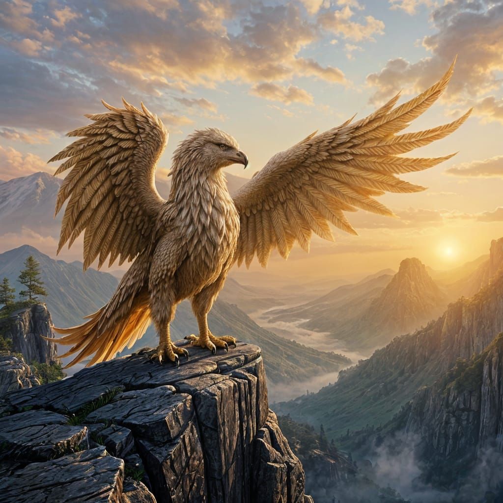 Golden Griffin Overlooking Misty Valley, Fantasy Art
