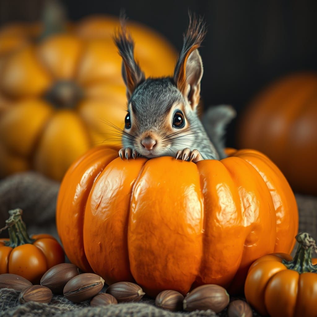 Squirrel Peeking from Autumn Pumpkin Portrait