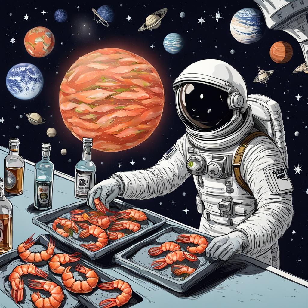 Bartender in Space Serves Shrimp Cocktails