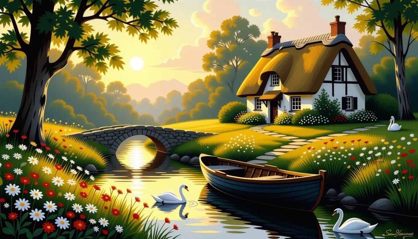 Enchanting Woodland Garden Sunset Painting