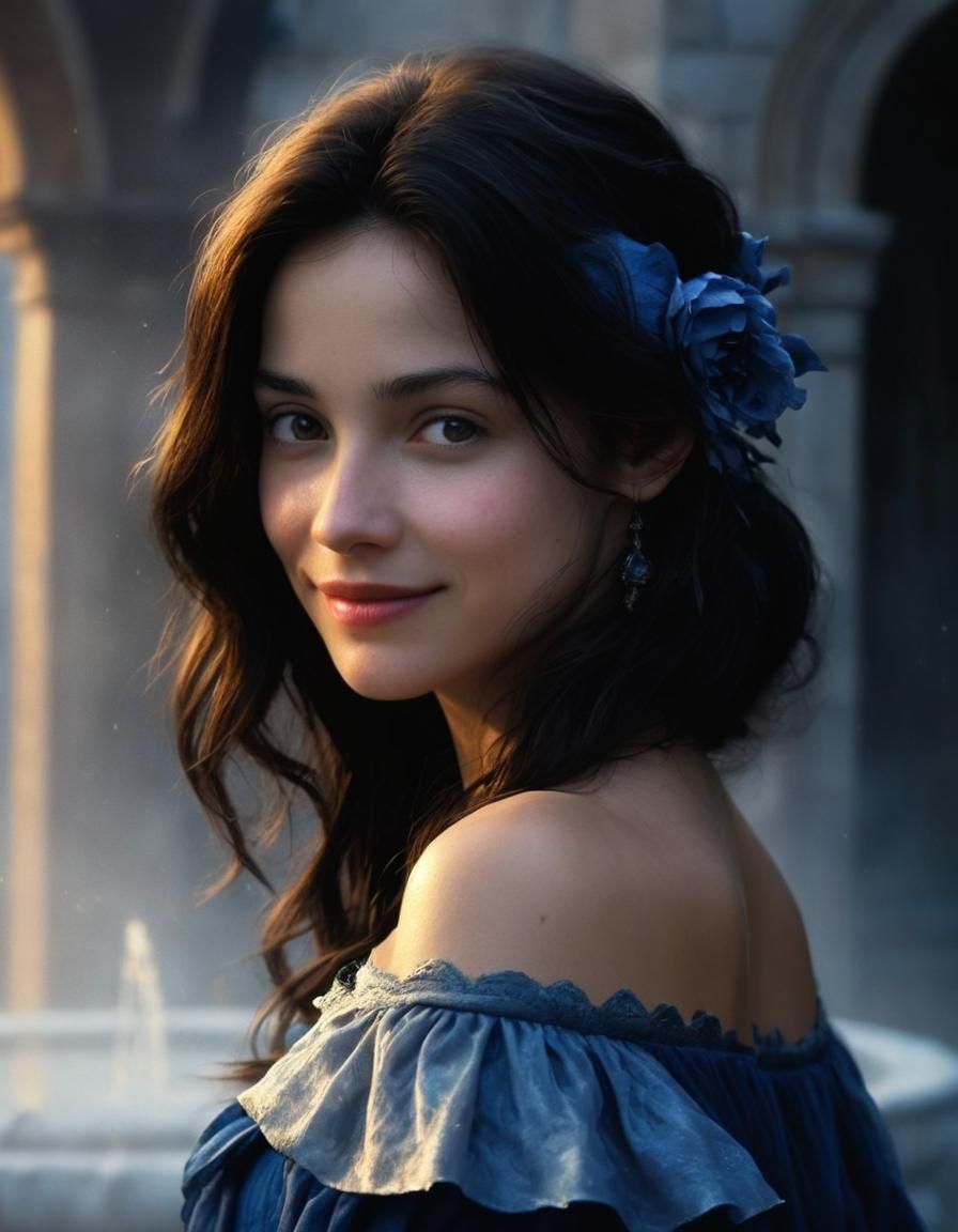 Chiaroscuro Portrait: Woman in Castle Courtyard