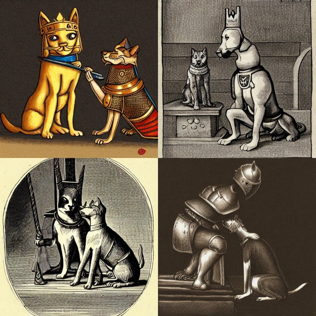 Dog Knight Kneeling Before Cat King