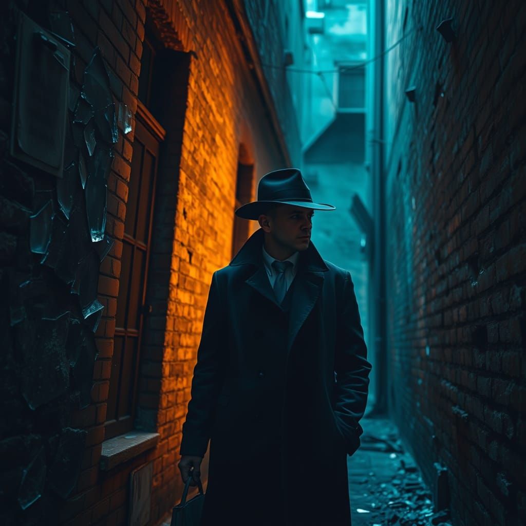 Detective Lost in Thought in Ruined Alleyway