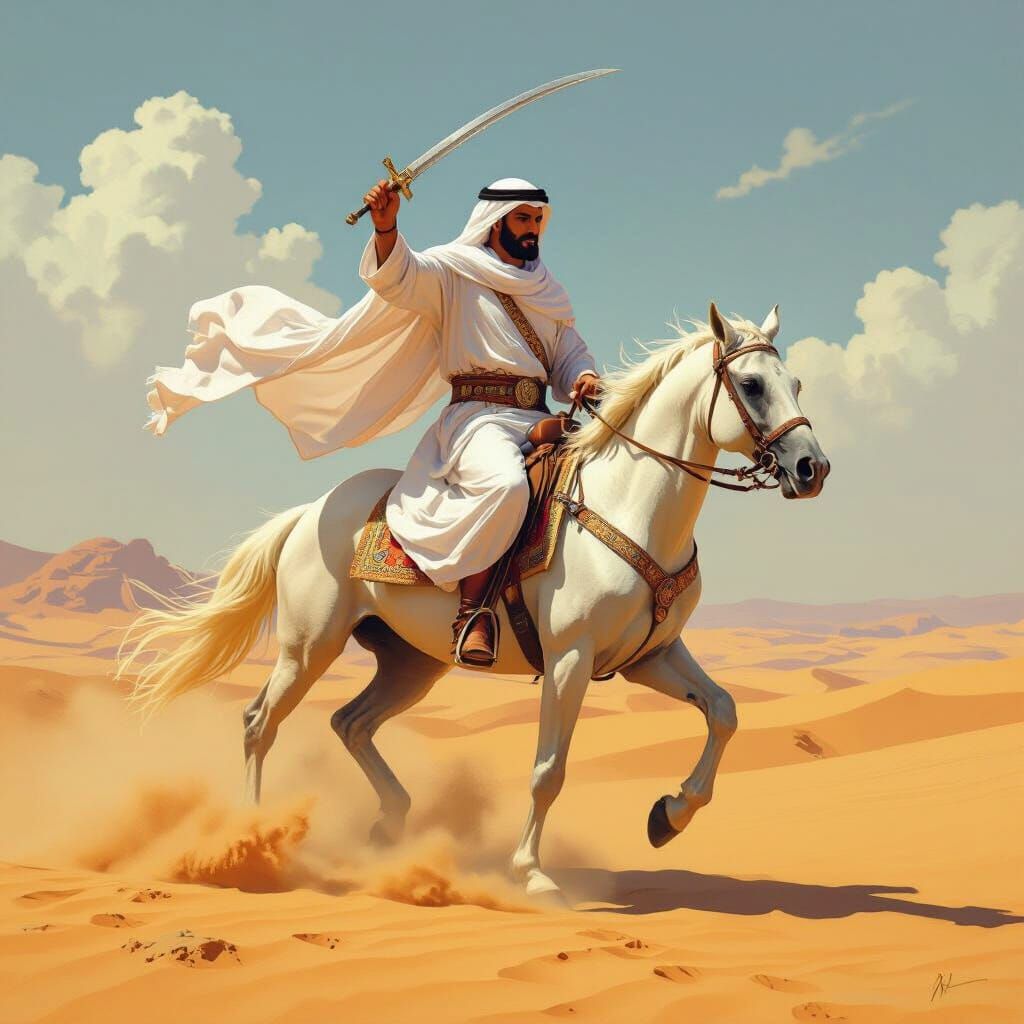Arab Warrior on Horseback with Scimitar in Desert