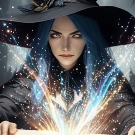 Ethereal Witch with Open Grimoire, Fantasy Art