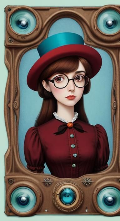 Whimsical Cartoon Girl Portrait in Surreal Steampunk Style