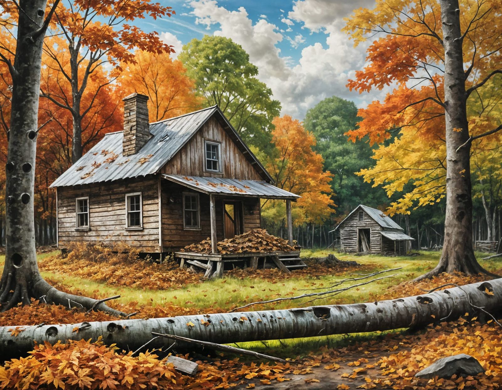 Overgrown Maple Shack in Autumn: Oil Painting