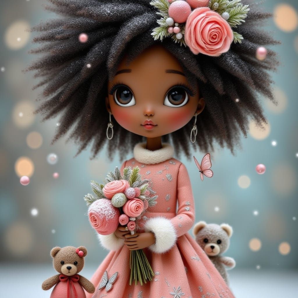Whimsical Christmas Doll Child in Dreamy Fairytale Setting