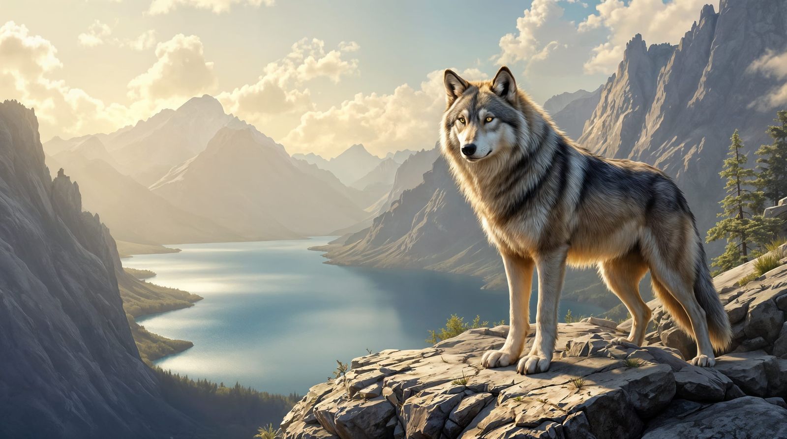 Wolf Surveys Serene Mountain Lake Landscape