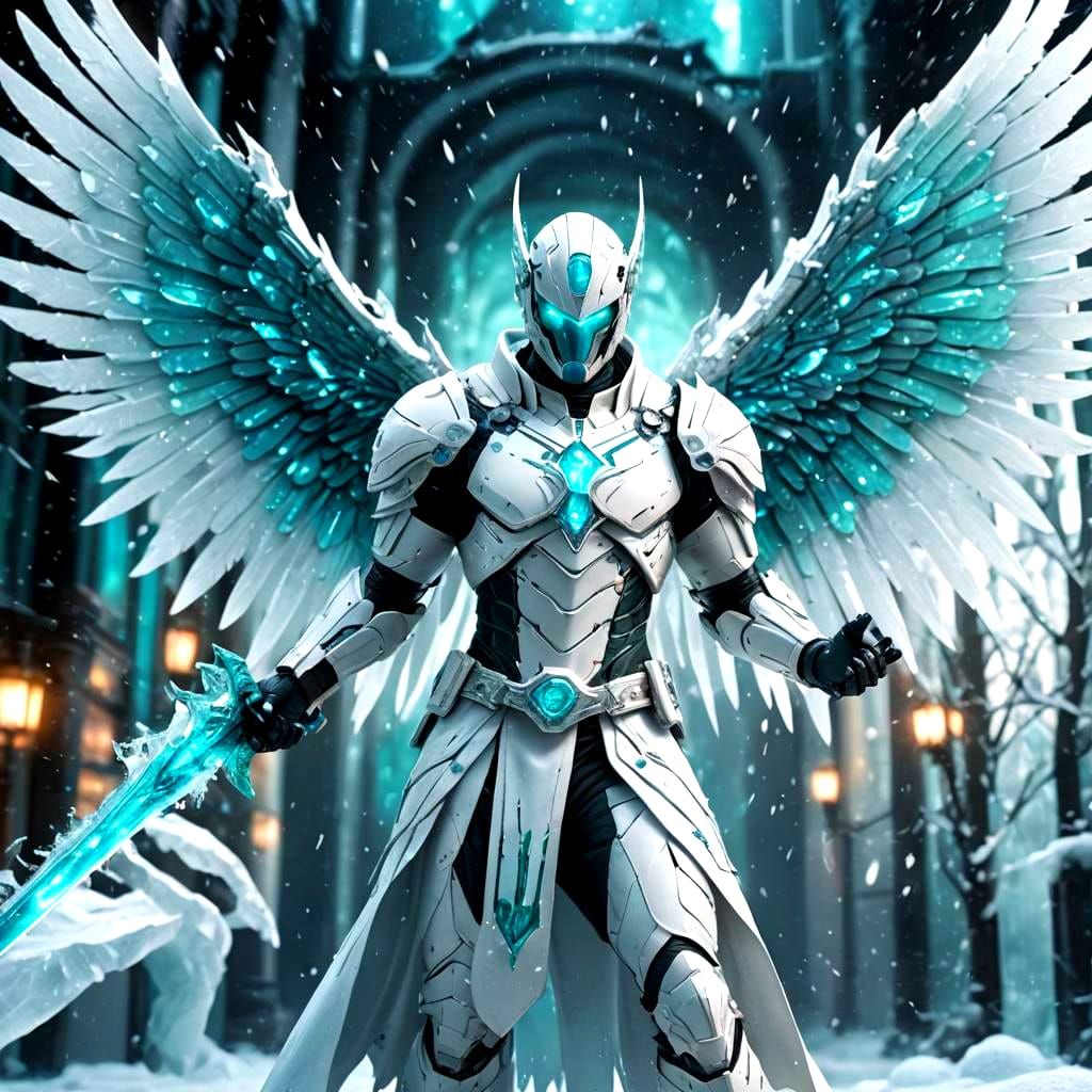Cybernetic Swordsman in Icy Winter Scene