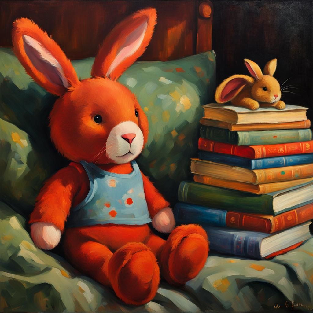 Touching Oil Painting of Sleeping Child with Toy Rabbit