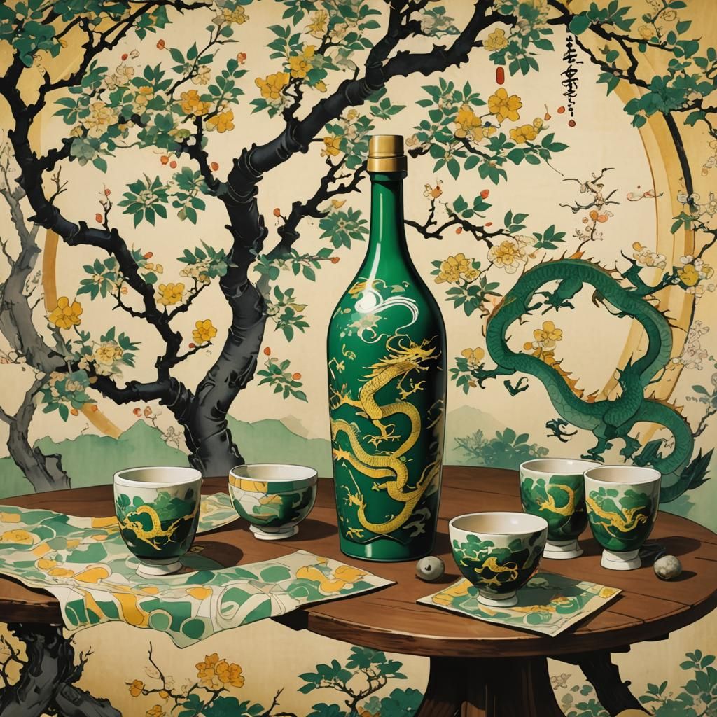 Dragon Sake Set: Retro Geometric Ukiyo-e Art