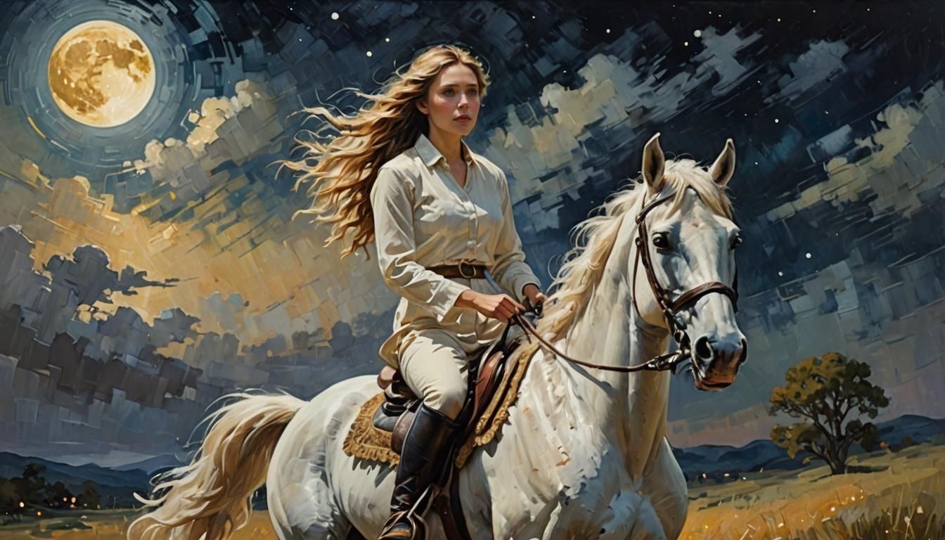 Elizabeth Olsen Rides Horse Under Moon: Oil Painting