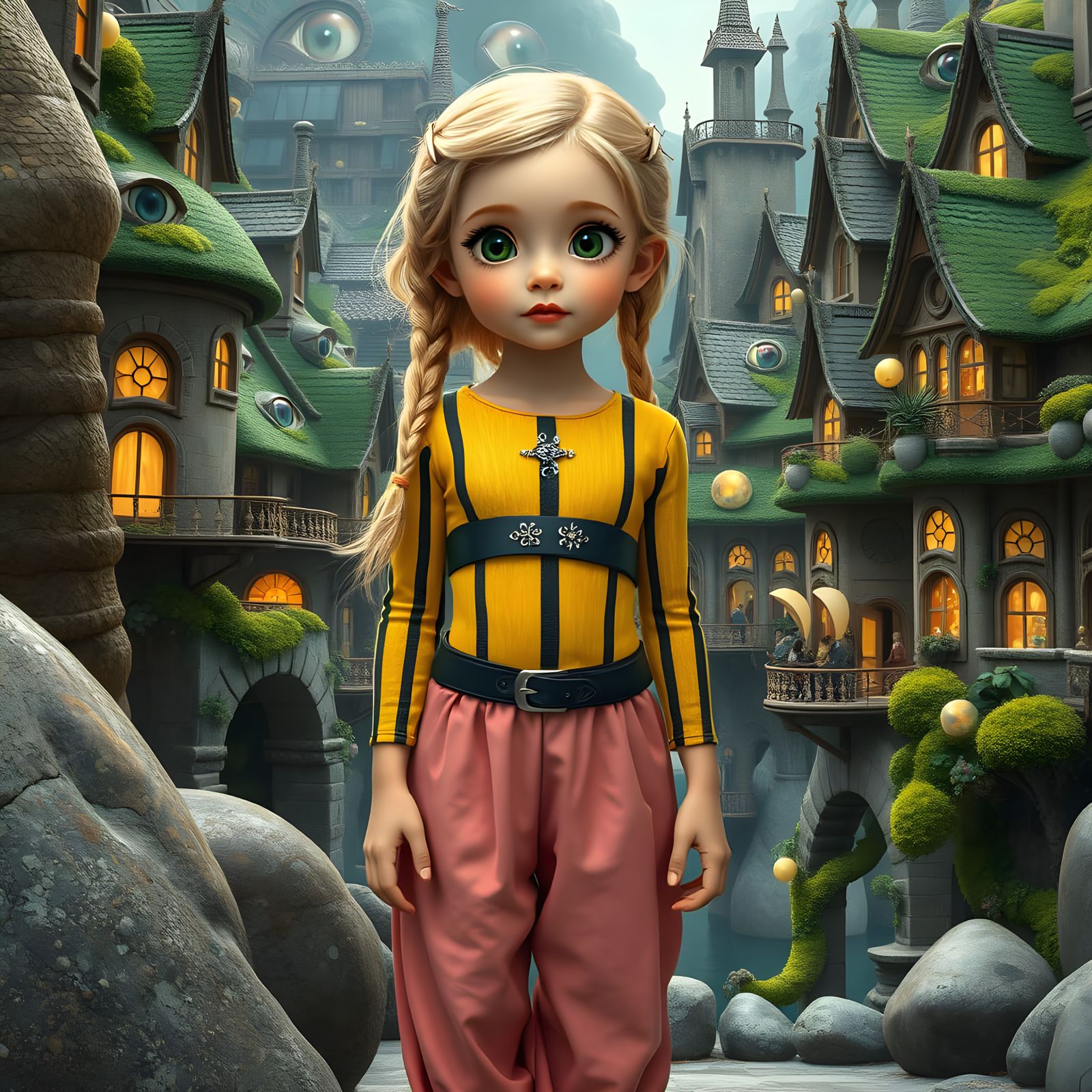 Surreal Village Girl in Whimsical Fantasy Environment