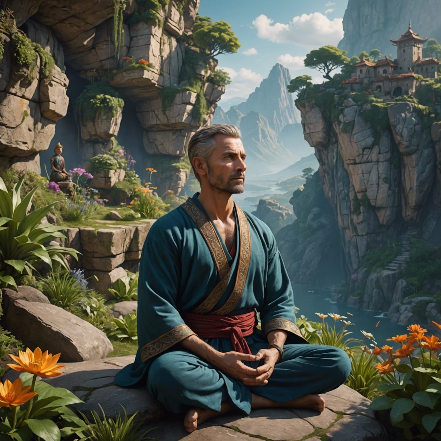 Meditating Man in Cliffside Garden: Fantasy Concept Art