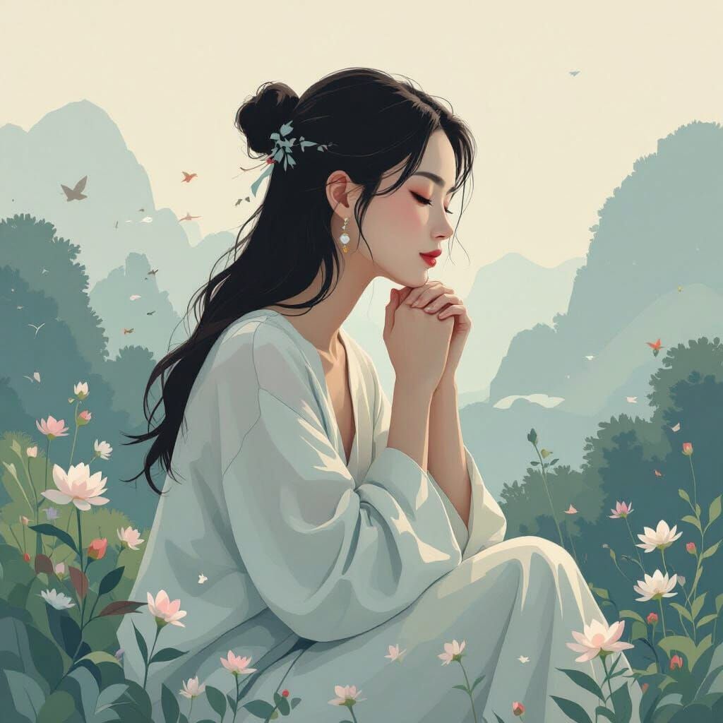 Contemplative Woman in Dreamy Landscape with Soft Textures