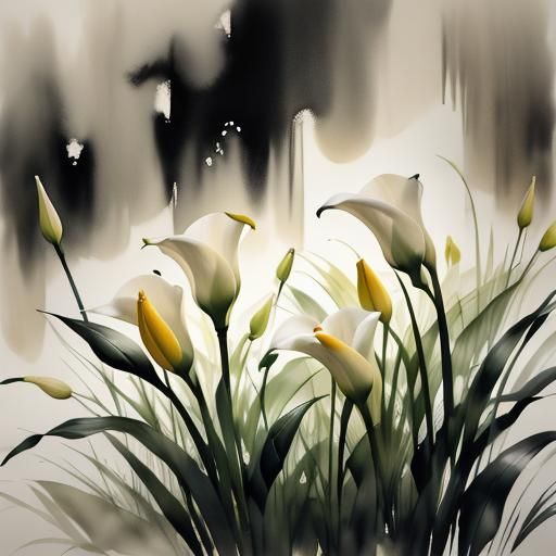 Calla Lilies in Muted Chinese Ink Painting