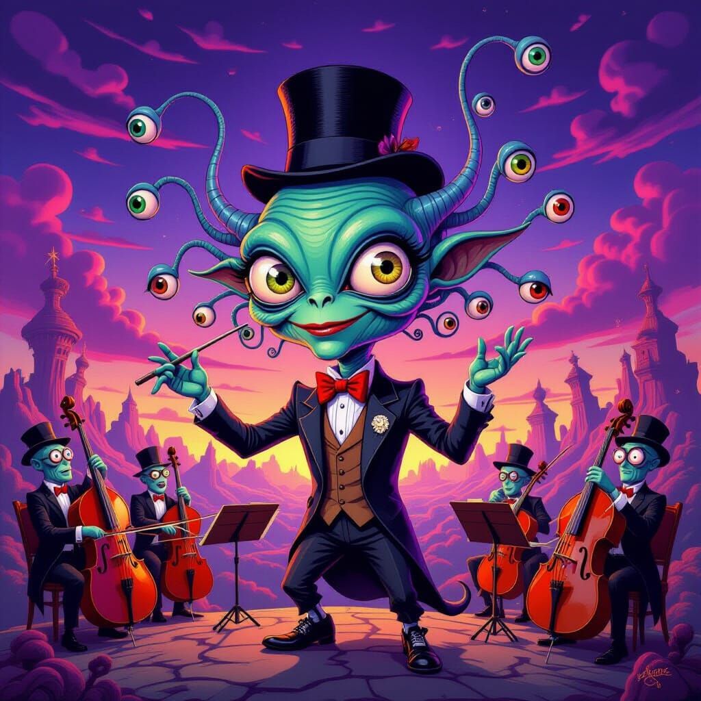 Absurd Alien Conductor in Surreal Bosch-Burton Style