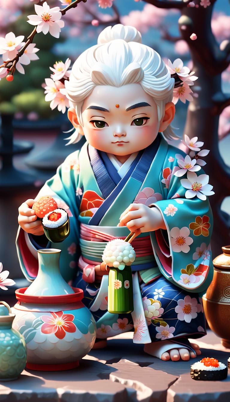Vibrant Anime-Style God of Joy and Sake in a Cherry Blossom....